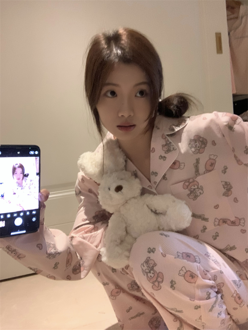實拍~原創 韓系可愛少女卡通橘粉條紋睡衣長袖長褲套裝