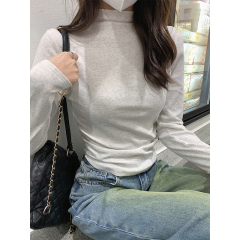 Half-length Collar Long-sleeve Pure Cotton T-shirt for Women, Spring and Autumn Season, Asymmetrical Pleated Cinched Waist Tight Short-sleeve Top