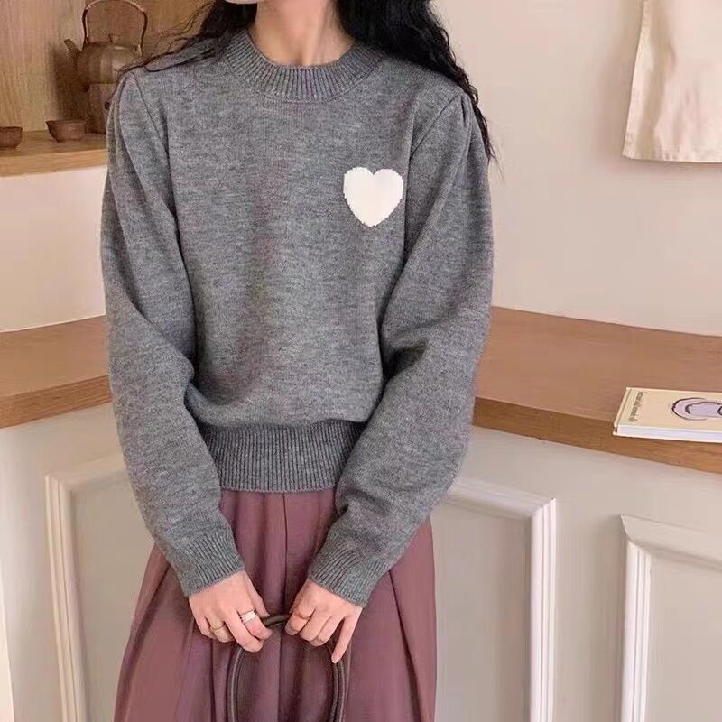 優質 韓國愛心軟糯圓領針織衫秋冬慵懶寬鬆休閒百搭長袖毛衣