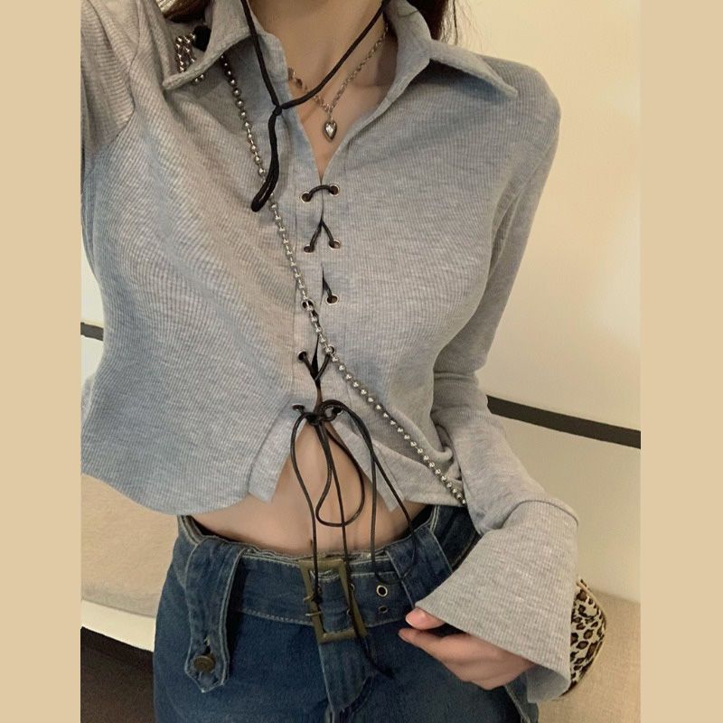 小眾短款t恤女辣妹2023春秋新款不規則修身顯瘦長袖上衣ins絲光棉