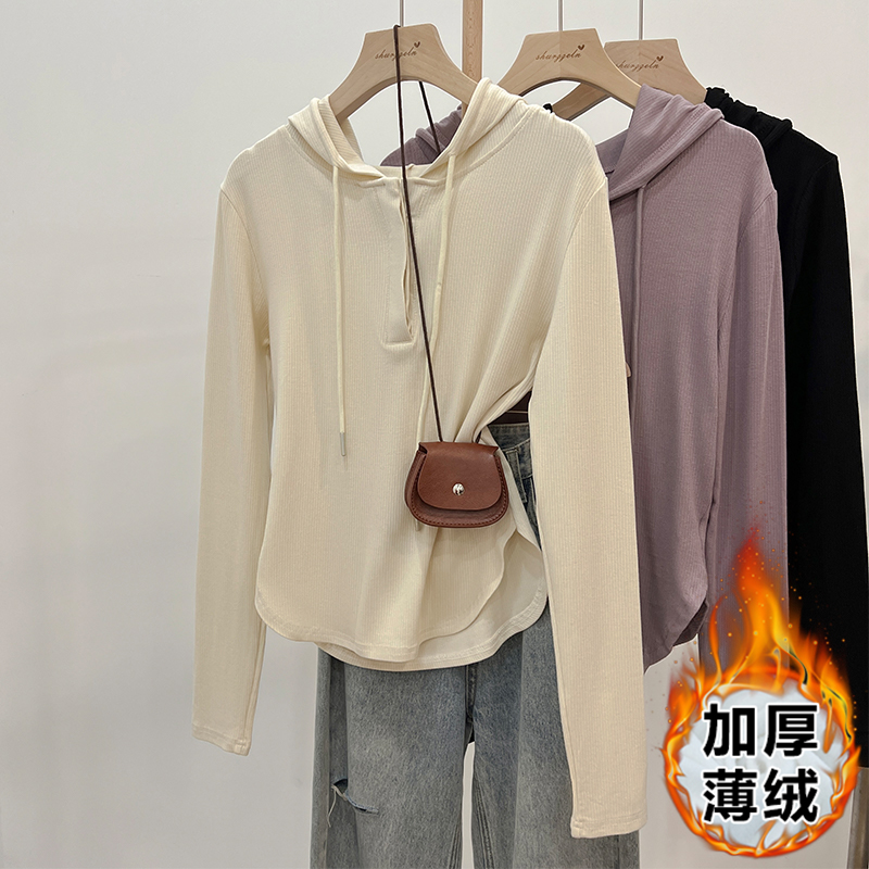 實拍半開領長袖連帽打底衫女秋冬加絨內搭不規則修身短款上衣