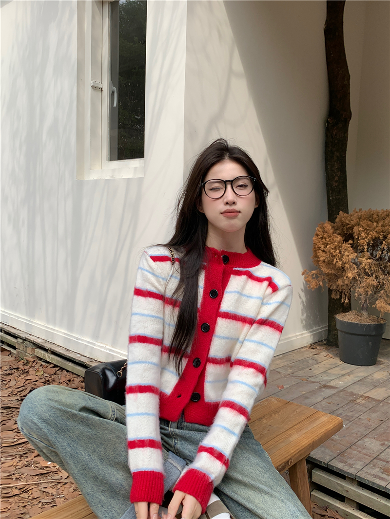 實拍 新款 慵懶風撞色條紋軟糯毛衣開衫外套女