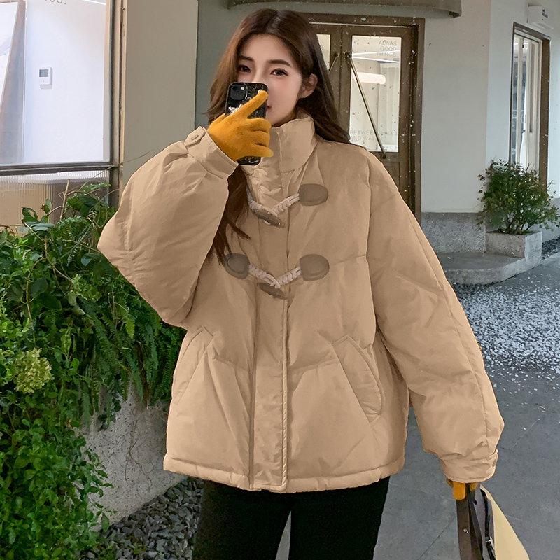 實拍冬季2023牛角扣奶黃色麵包羽絨棉服短款冬小個子外套加厚棉衣
