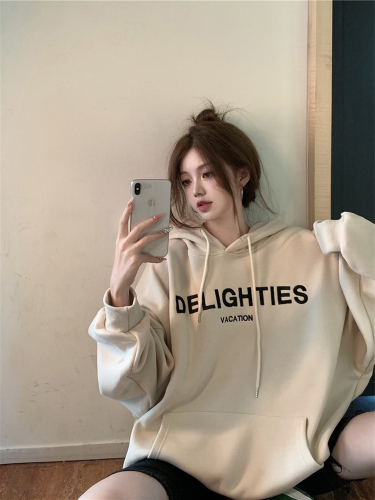 Official picture of lazy style loose-fitting velvet thickened hooded tops for small people women's autumn and winter new design niche sweatshirts