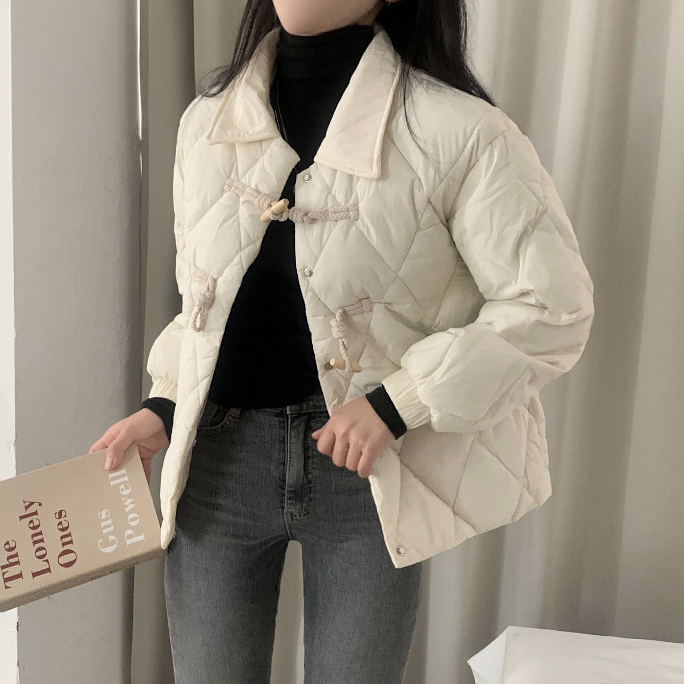 韓國ins秋冬 氣質 牛角扣麵包服 菱形格保暖棉衣棉服