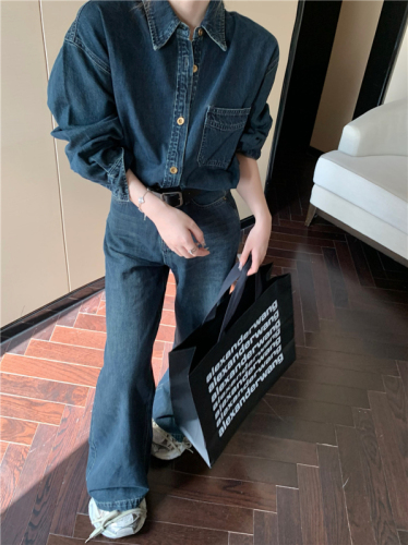 Real shot!  Retro fashion polo collar denim shirt and denim trousers two-piece suit