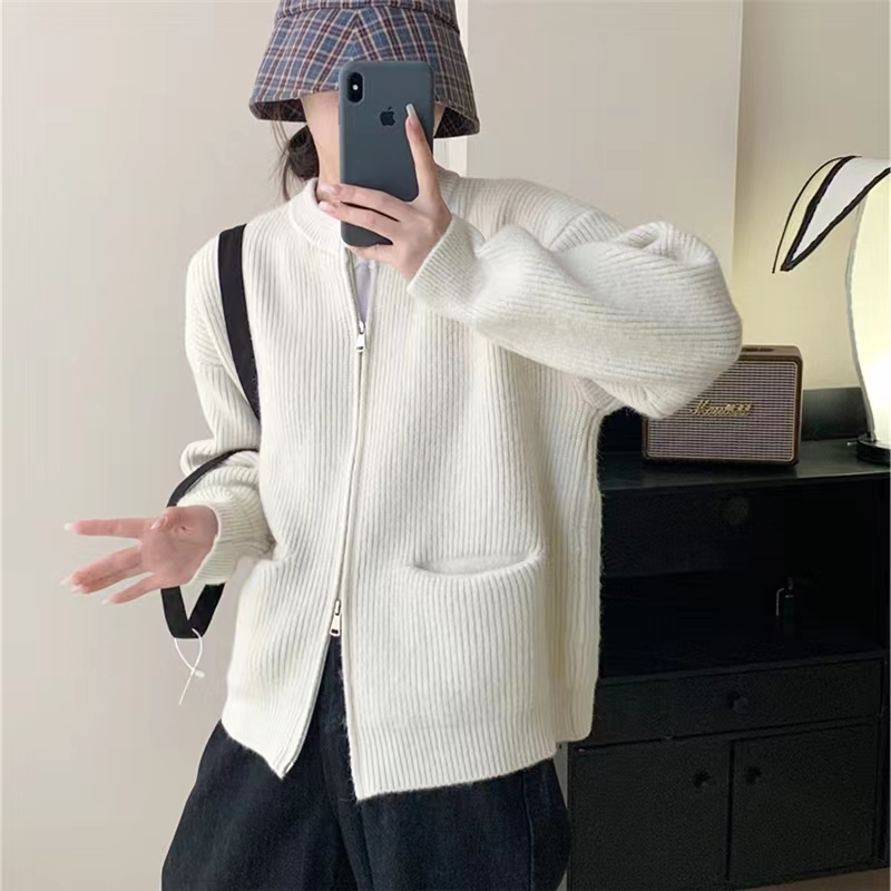 復古純色慵懶風高級感坑條雙拉鏈針織開衫女寬鬆軟糯氣質毛衣外套