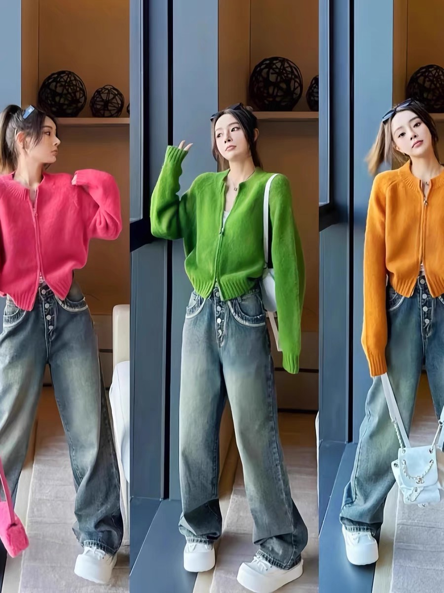 Korean style simple and versatile double zipper short solid color sweater jacket