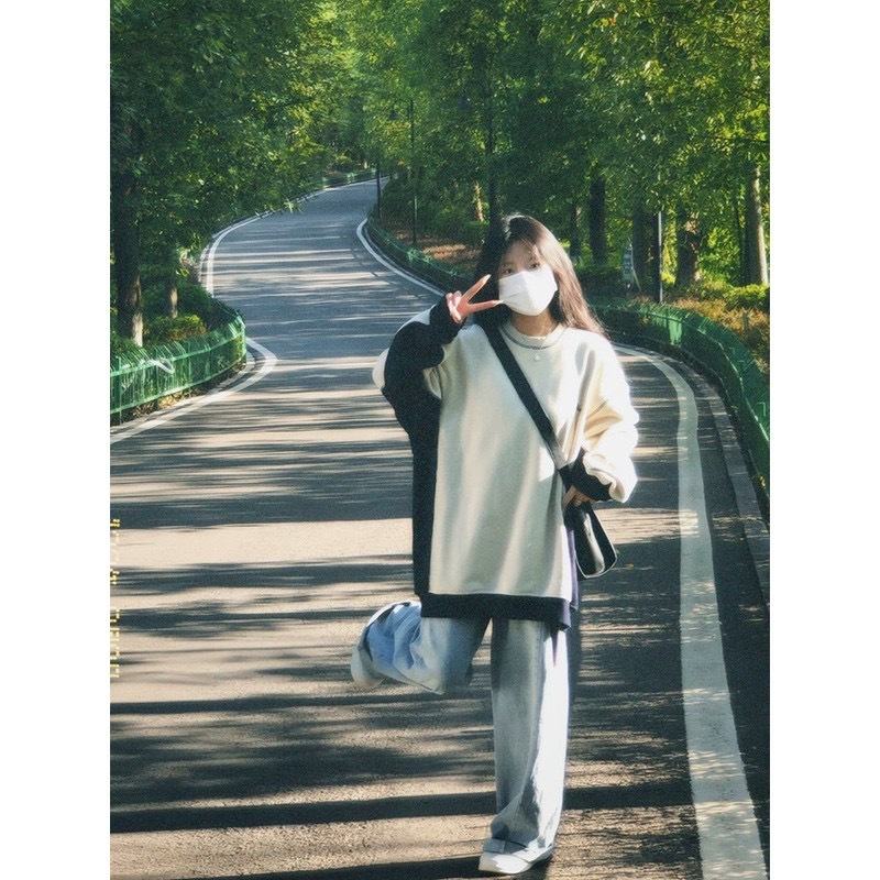 國潮高街拼接撞色圓領衛衣女春秋季vintage美式復古情侶無帽外套