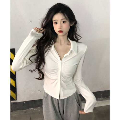 Designed pleated long-sleeved T-shirt autumn and winter new slim fit small lapel pure lust style bottoming top for women