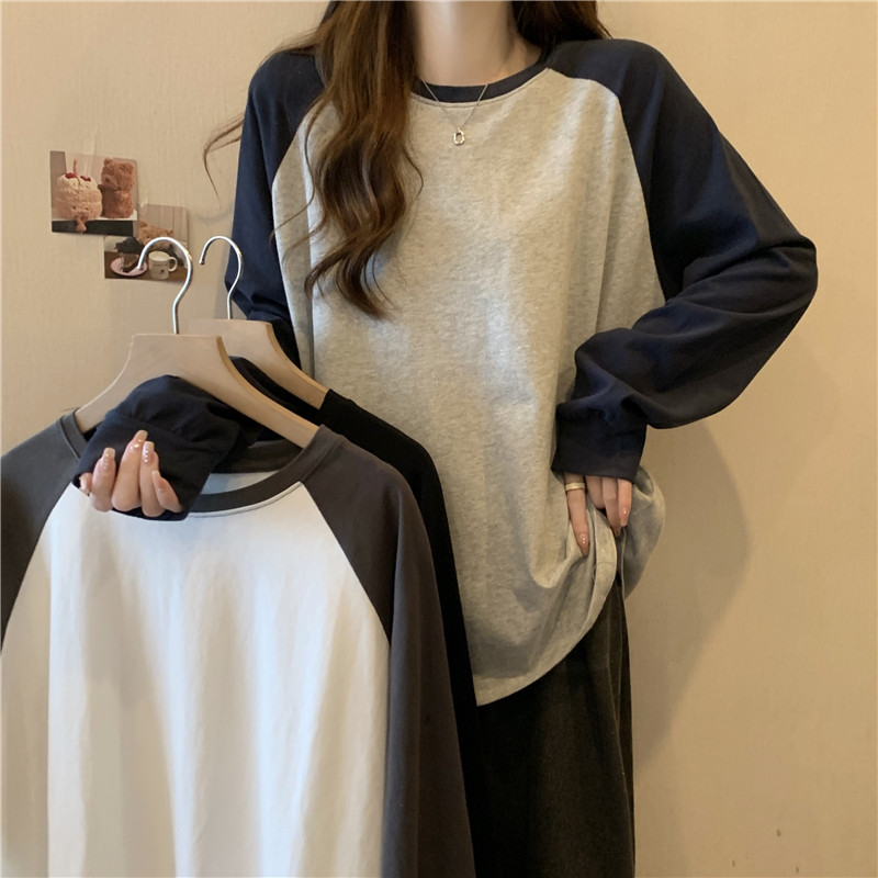 實拍 純棉後包領插色長袖t恤女秋新款圓領上衣
