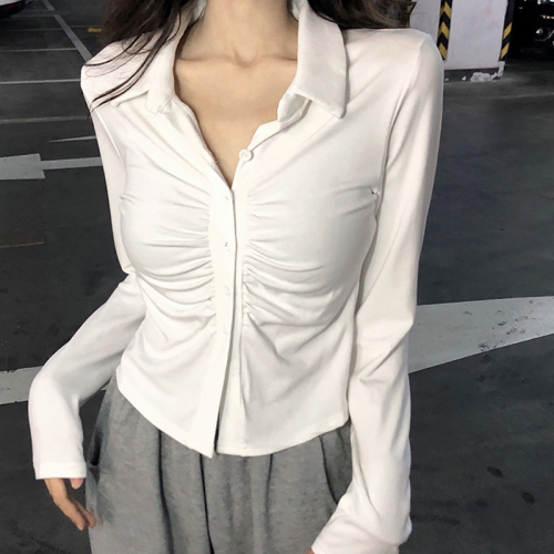 Designed pleated long-sleeved T-shirt autumn and winter new slim fit small lapel pure lust style bottoming top for women