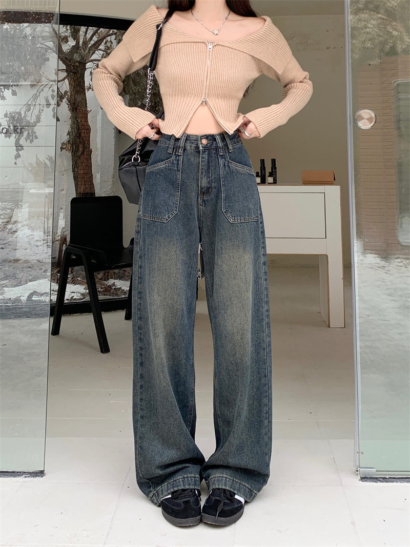 抓絨保暖闊腿牛仔褲女秋冬2023年新款水泥灰高腰寬鬆直筒拖地褲子