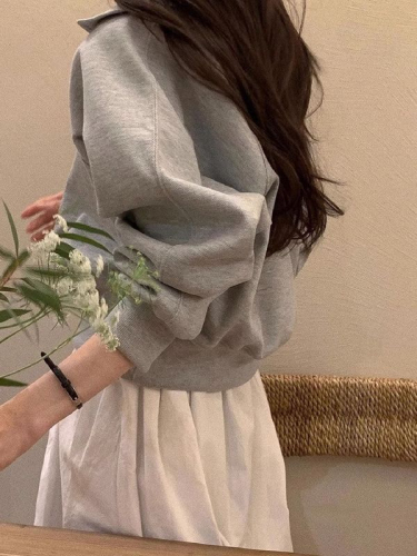 Pure cotton Chinese cotton composite milk silk gray lapel long-sleeved sweatshirt for women spring and autumn thin loose short pullover