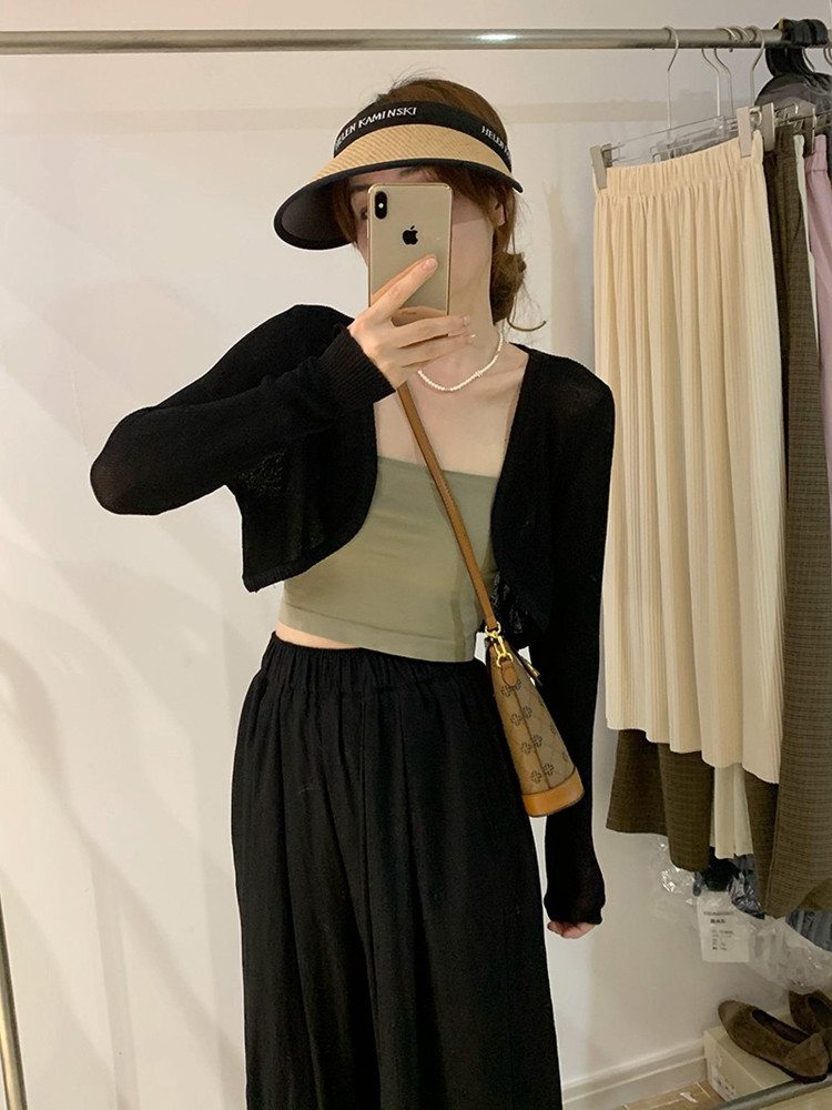 杏色冰絲針織開衫女夏季薄款防曬罩衫小坎肩配吊帶裙子外搭上衣黑