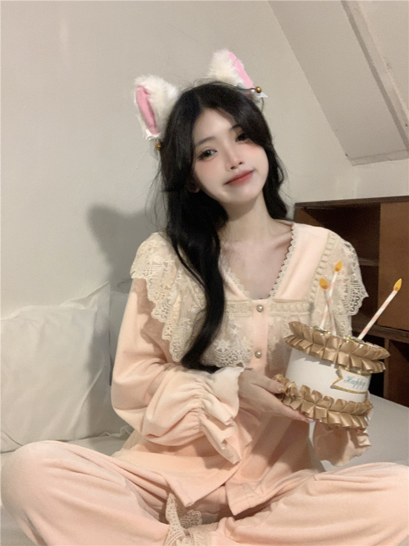 實拍韓版冬季加厚保暖親膚絨絨舒適甜美公主風外穿家居服套裝