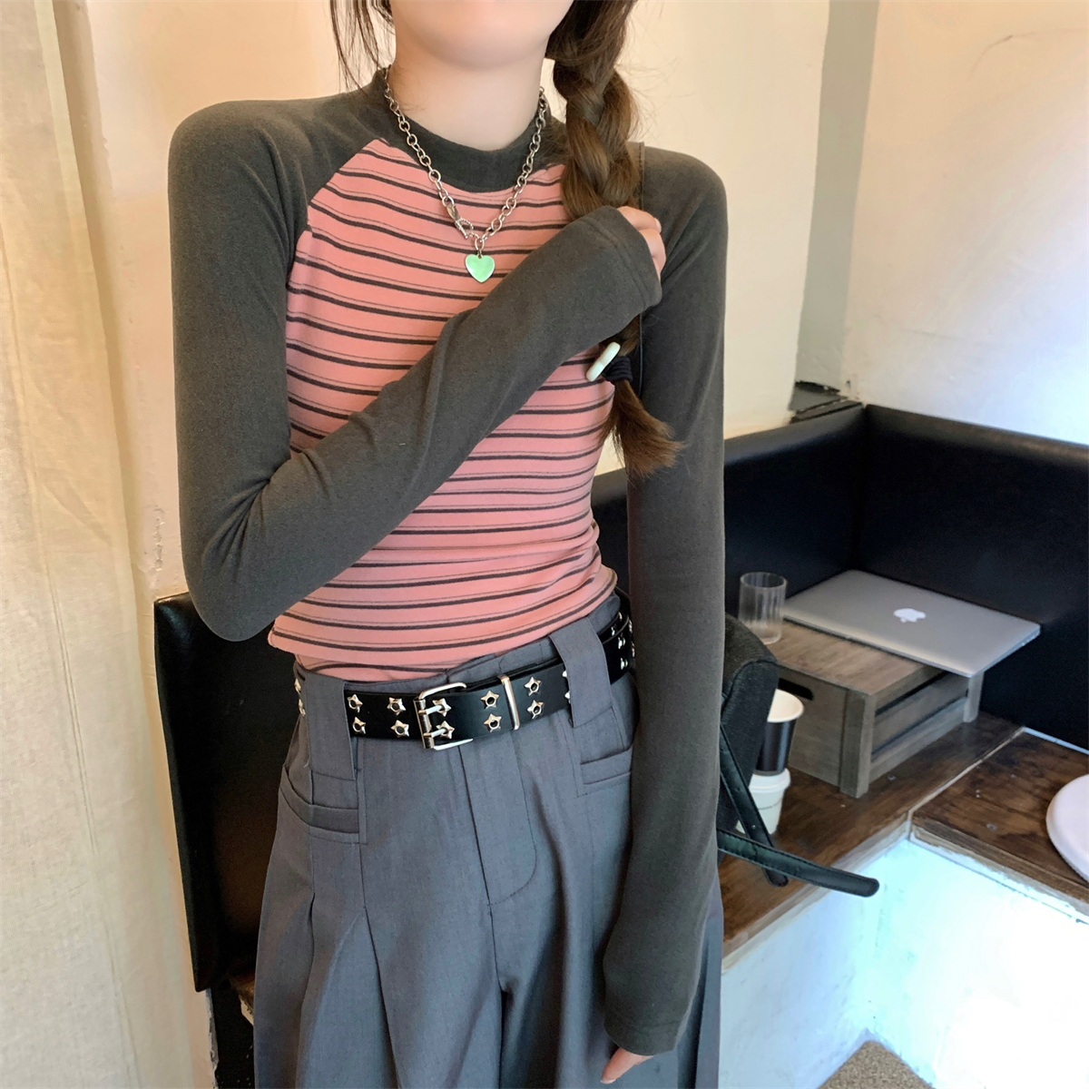 實拍 秋冬韓版氣質插肩撞色條紋修身內搭德絨保暖T恤女上衣
