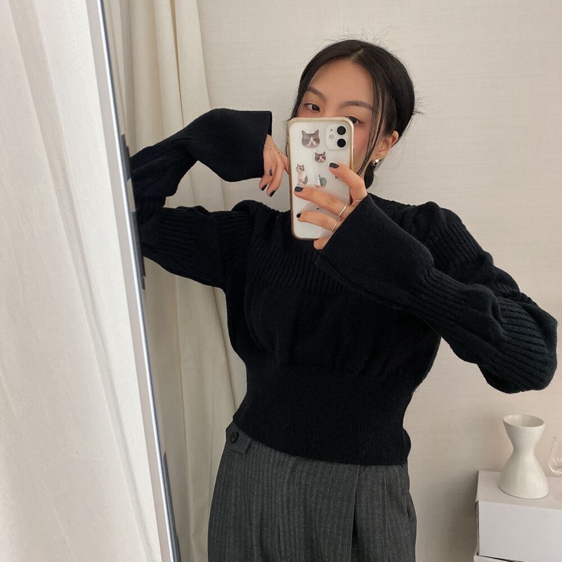 白色短款針織打底衫女秋季內搭泡泡袖正肩毛衣高級感法式長袖上衣