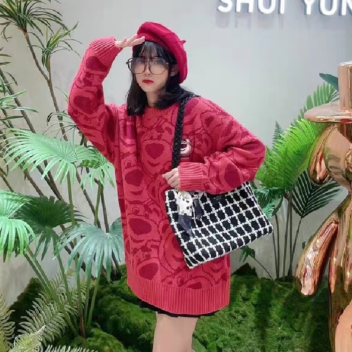 Strawberry bear all over print design niche French sweet round neck long sleeve loose knit sweater sweater temperament top for women