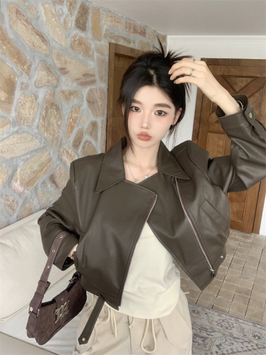 Real shot of autumn and winter new design high-end retro coffee color pu leather suit leather jacket short style