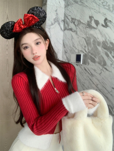 Red fur collar knitted cardigan for women, autumn and winter chic short top, thickened sweater jacket, bottoming shirt