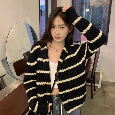 Black and white striped hooded knitted cardigan sweater for women  new autumn and winter casual tops and jackets for women ins trend