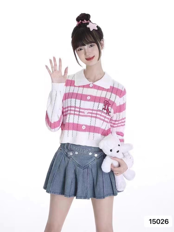 Autumn new Korean style doll collar knitted sweater for women spring and autumn striped cardigan jacket top for women