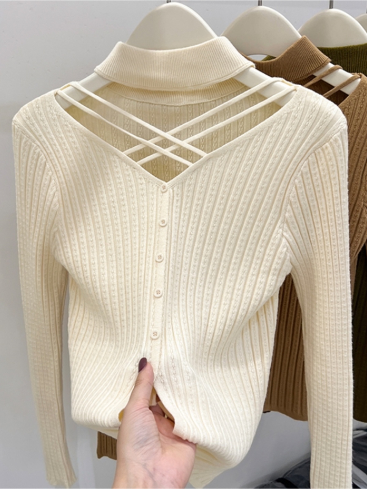 Halter neck hollow sweater women's long-sleeved top spring and autumn 2023 new sexy half turtleneck bottoming shirt inner wear