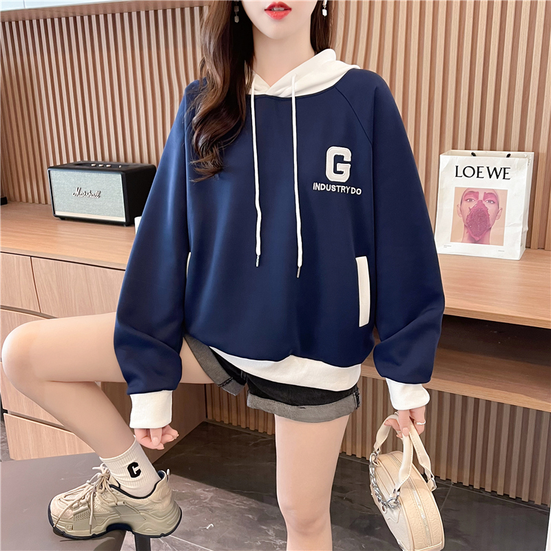 Real shot Autumn Korean style loose Chinese cotton composite hooded letter embroidered mid-length large size thin sweatshirt for women