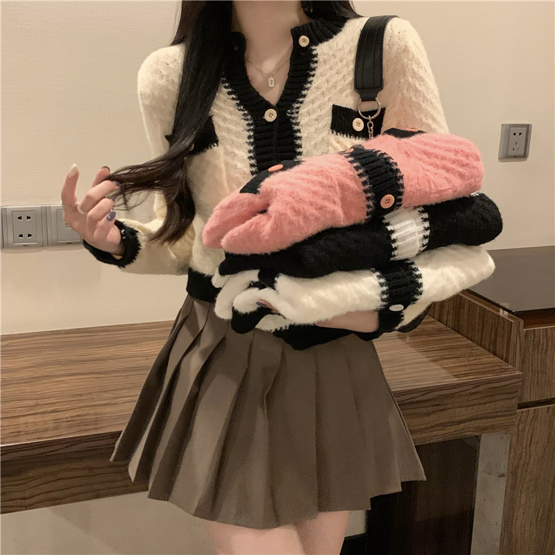 實拍 小香風圓領拼接撞色長袖短款針織毛衣外套女上衣