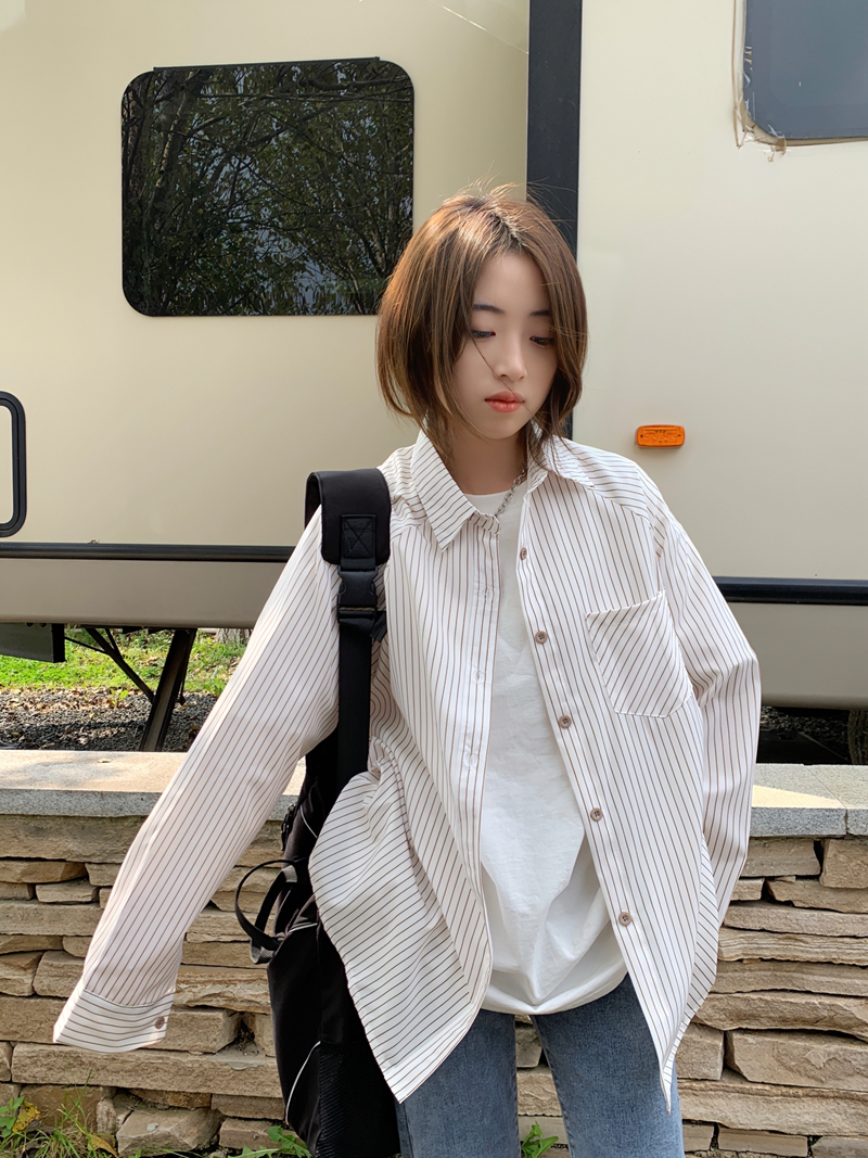 實拍法式條紋襯衫春秋新款設計感小眾上衣韓系風格穿搭襯衣