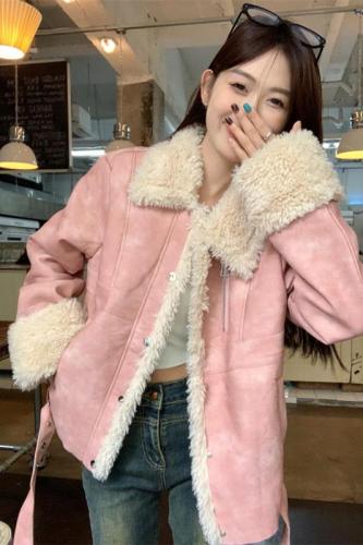 Real shot pink distressed retro craft fur one-piece jacket autumn and winter warm jacket