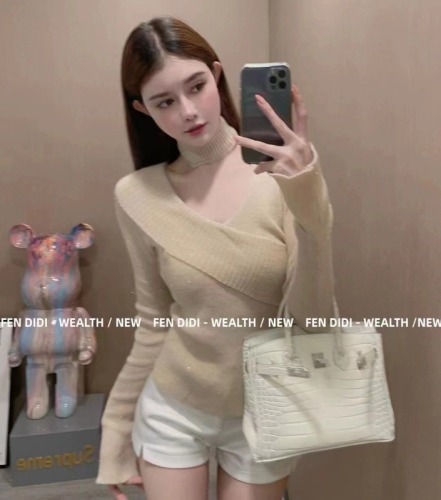 Korean chic cross one-neck sweater for women, autumn and winter long-sleeved bottoming shirt with slimming short top