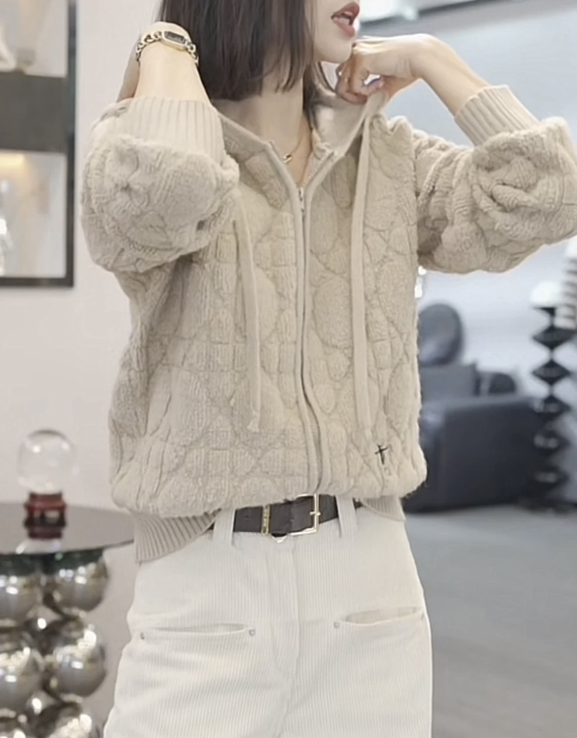 歐貨時尚百搭連帽開衫毛衣女外套秋冬2023新款拉鏈短外套毛針織衫