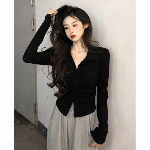 Designed pleated long-sleeved T-shirt autumn and winter new slim fit small lapel pure lust style bottoming top for women