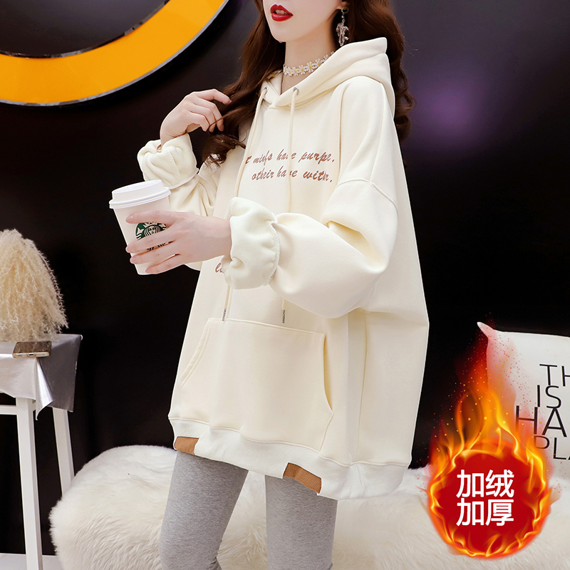 Official picture plus velvet and thickened design letter printing 2023 autumn and winter hooded loose and versatile sweatshirt for women