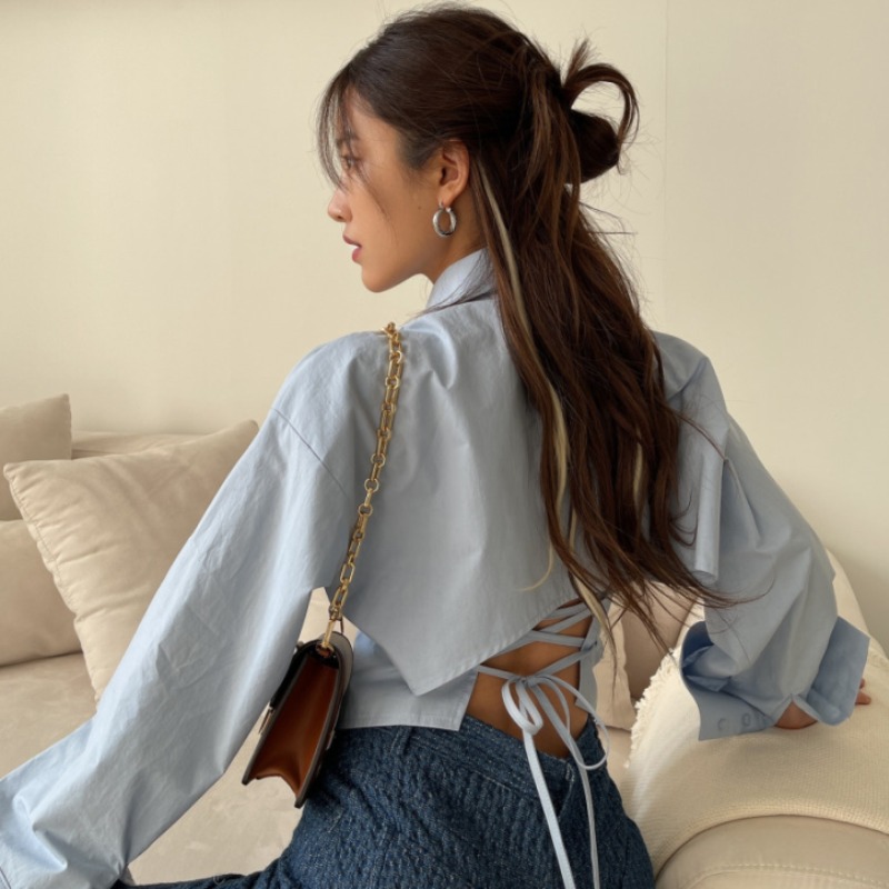 Korean chic spring new design niche temperament back strap top slim slim long-sleeved shirt for women