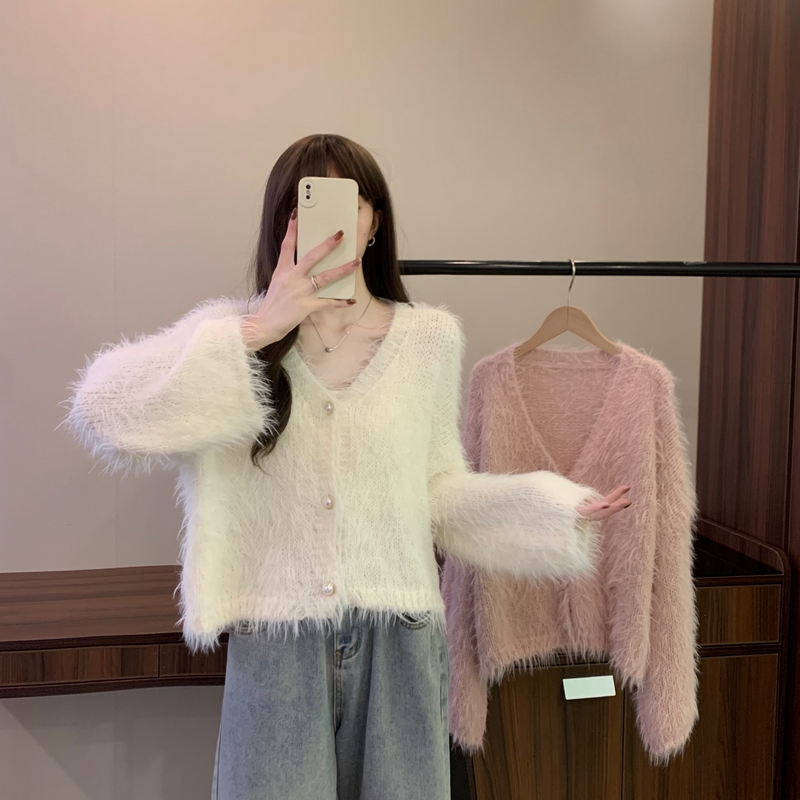 實拍 新款韓版溫柔風V領仿水貂毛軟糯慵懶寬鬆百搭開衫毛衣