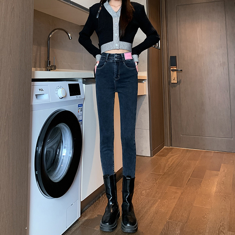 實拍 高腰牛仔褲女2023年秋冬新款復古修身緊身九分小腳鉛筆褲子