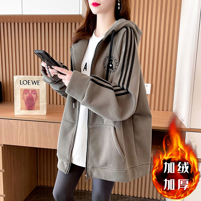 Imitation Chinese cotton complex velvet 2023 autumn and winter plus velvet thickened loose hooded sweatshirt trendy loose jacket for women