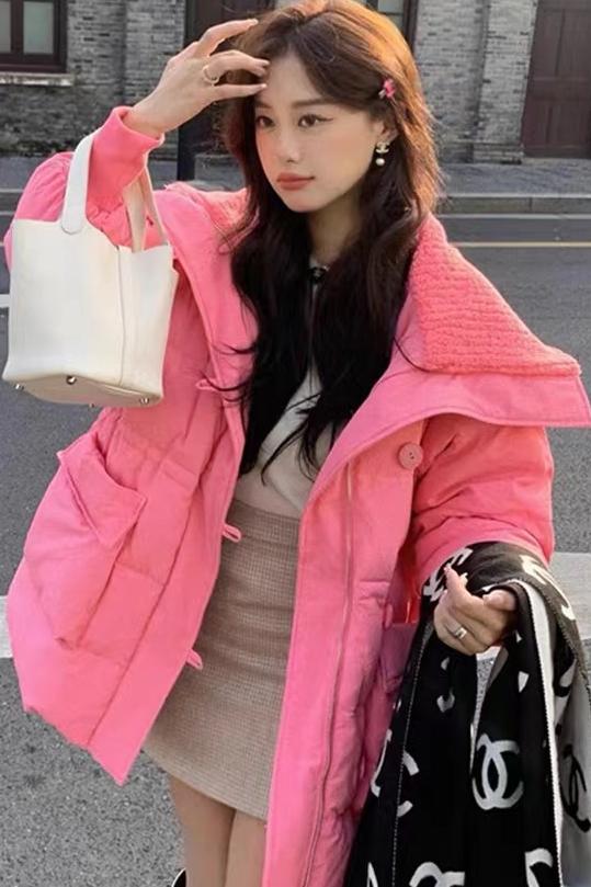 Internet celebrity Korean style new loose casual mid-length down cotton coat warm large pocket waist cotton coat jacket for women