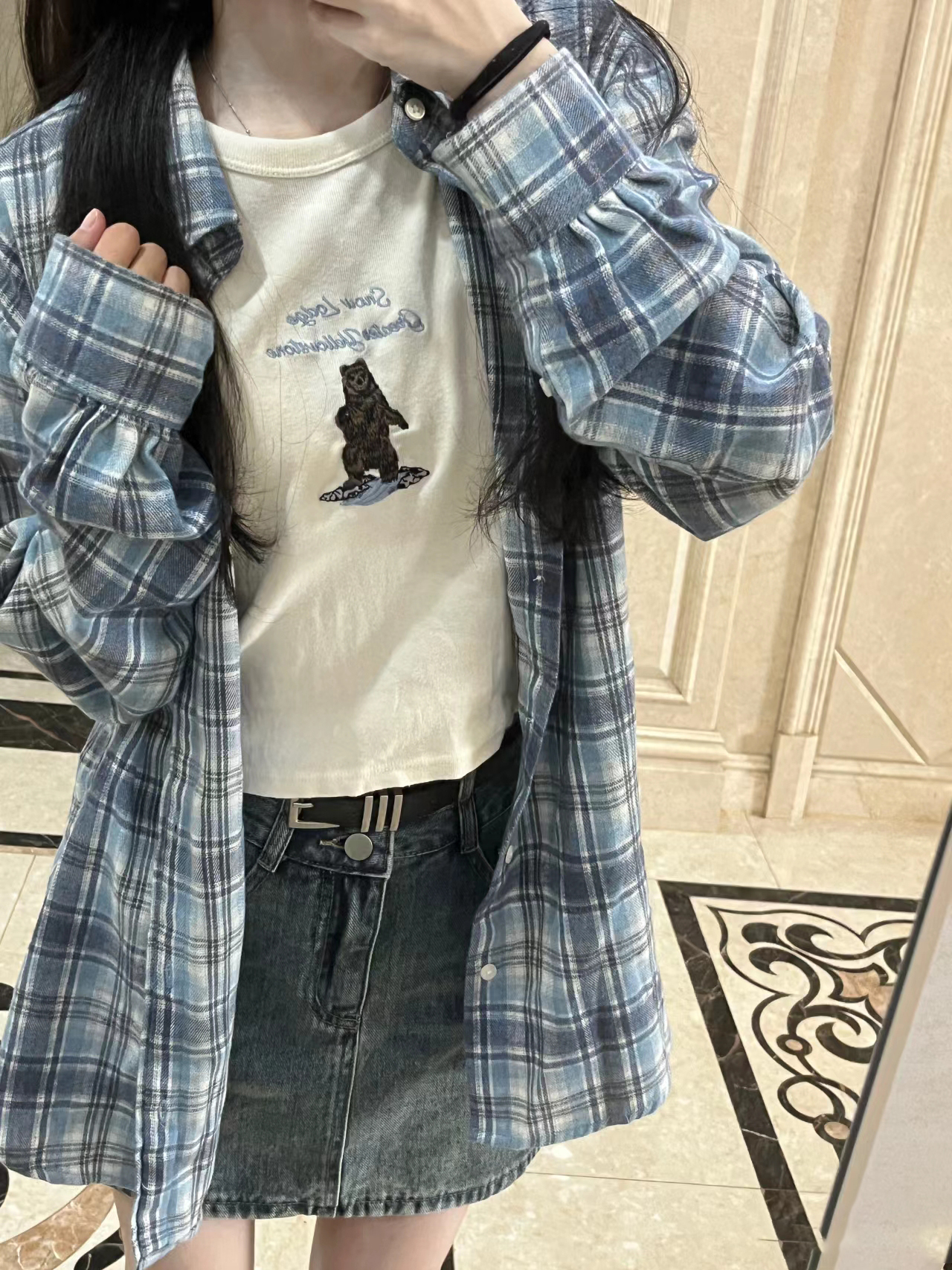 復古中長款格子襯衫bm純棉寬鬆長袖襯衣女