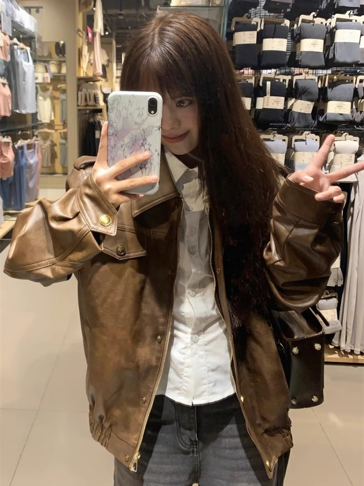 新款咖色pu皮夾克女春秋寬鬆高級感氣質休閒百搭開衫短外套潮