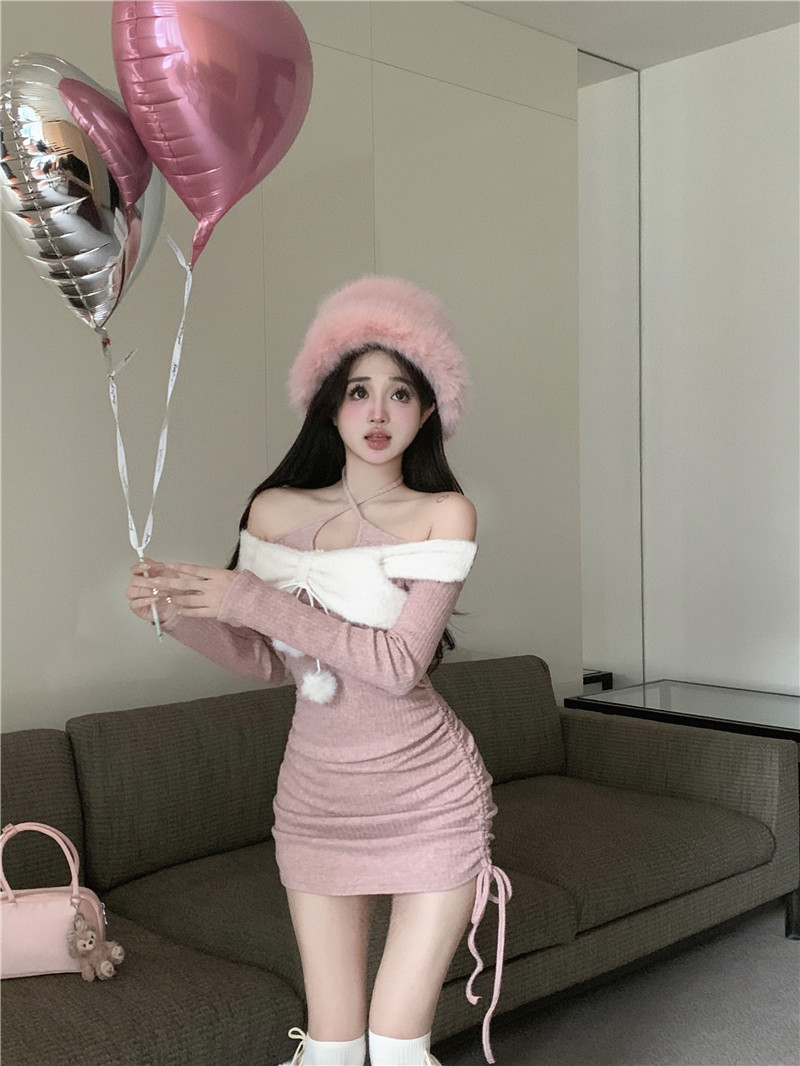 Actual shot ~ Pure desire long-sleeved knitted dress for women in autumn and winter, furry stitching, sweet and spicy temperament, hip-hugging short skirt