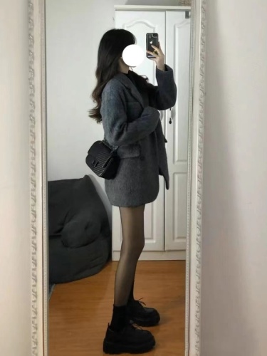 Gray woolen coat for women  spring and autumn new style thickened loose high-end small suit woolen coat for women