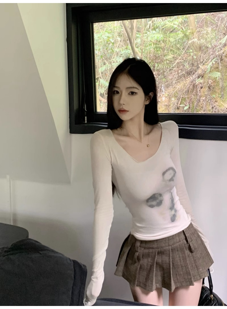 官圖6535拉架棉純欲U領正肩長袖T恤女裝扎染短款內搭修身秋季上衣