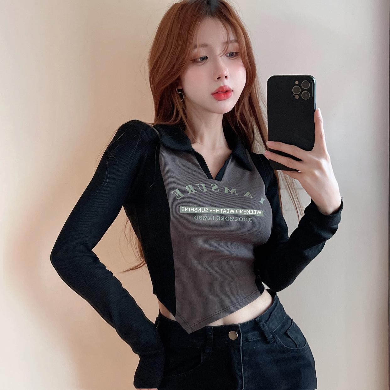 撞色polo領修身長袖t恤女秋季純欲辣妹性感v領上衣別致chic打底衫