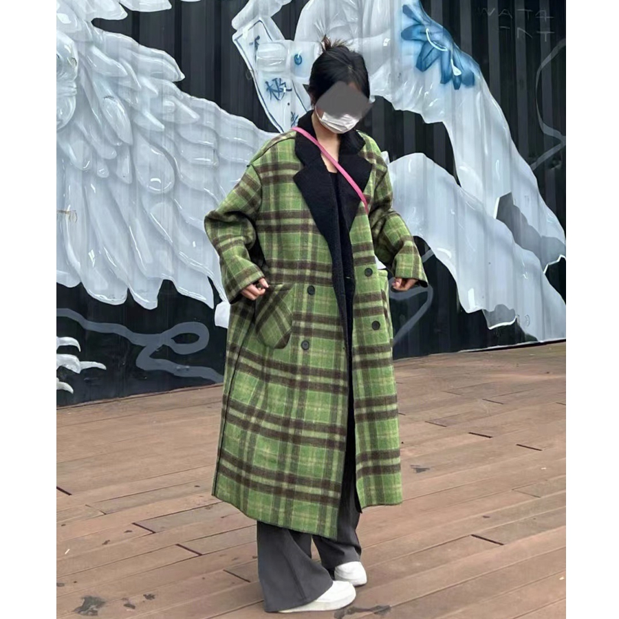 黃亮Lovey正反兩穿外套小眾復古顯白咖綠長款粗格子大衣送腰帶