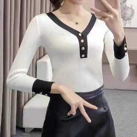 2023 Spring New Korean Style V-neck Button Pullover Sweater Tops Slim Fit Long Sleeve Bottoming Shirt Women's Clothing