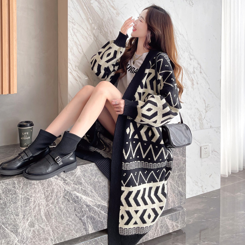 Korean style sweater jacket cardigan for women autumn and winter long over the knee loose slim design retro lazy style sweater